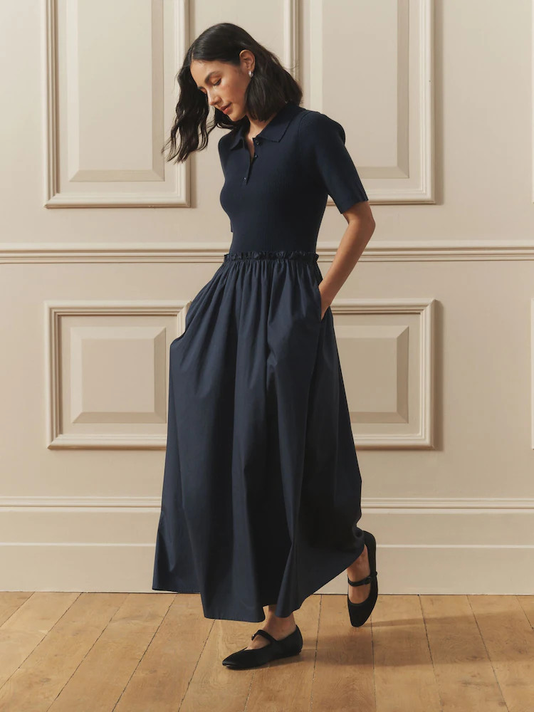 Marineblau - Laura Ashley 2 in 1 Gestricktes Polokleid mit Kragen und Rock aus Baumwolle | Next EU