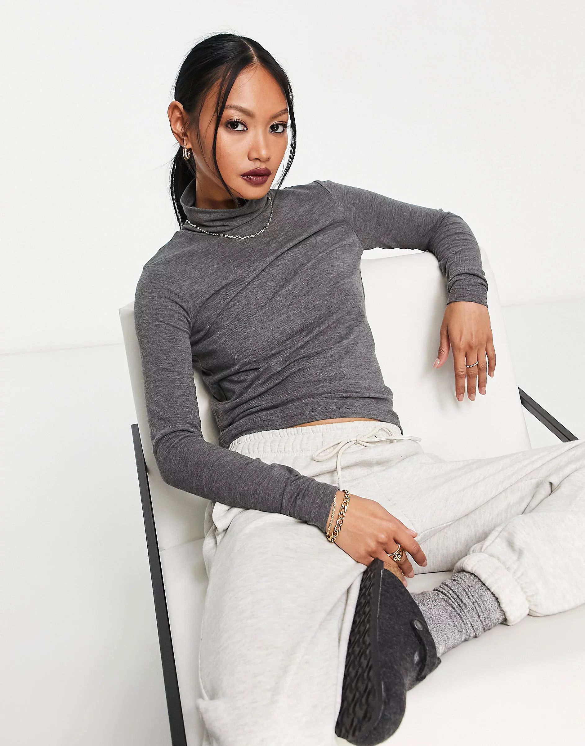 ASOS DESIGN fine knit long sleeve roll neck top in charcoal heather  | ASOS | ASOS (Global)