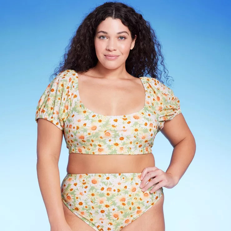 Women's Puff Sleeve Bikini Top - Wild Fable™ Green Daisy Print | Target
