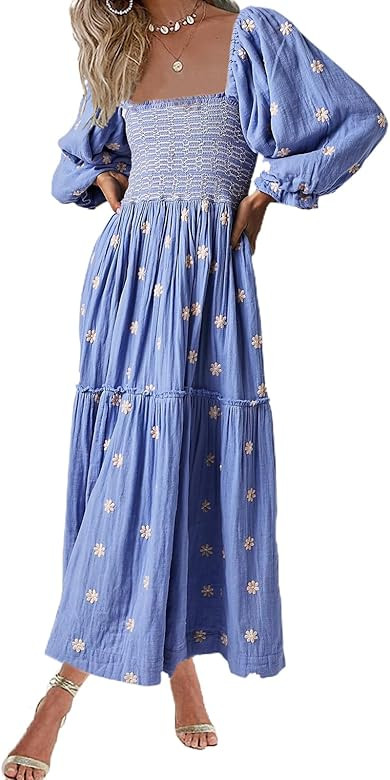 AnotherChill Women's Casual Embroidered Maxi Dress Floral Flowy Square Neck Dresses with Puff Sle... | Amazon (US)