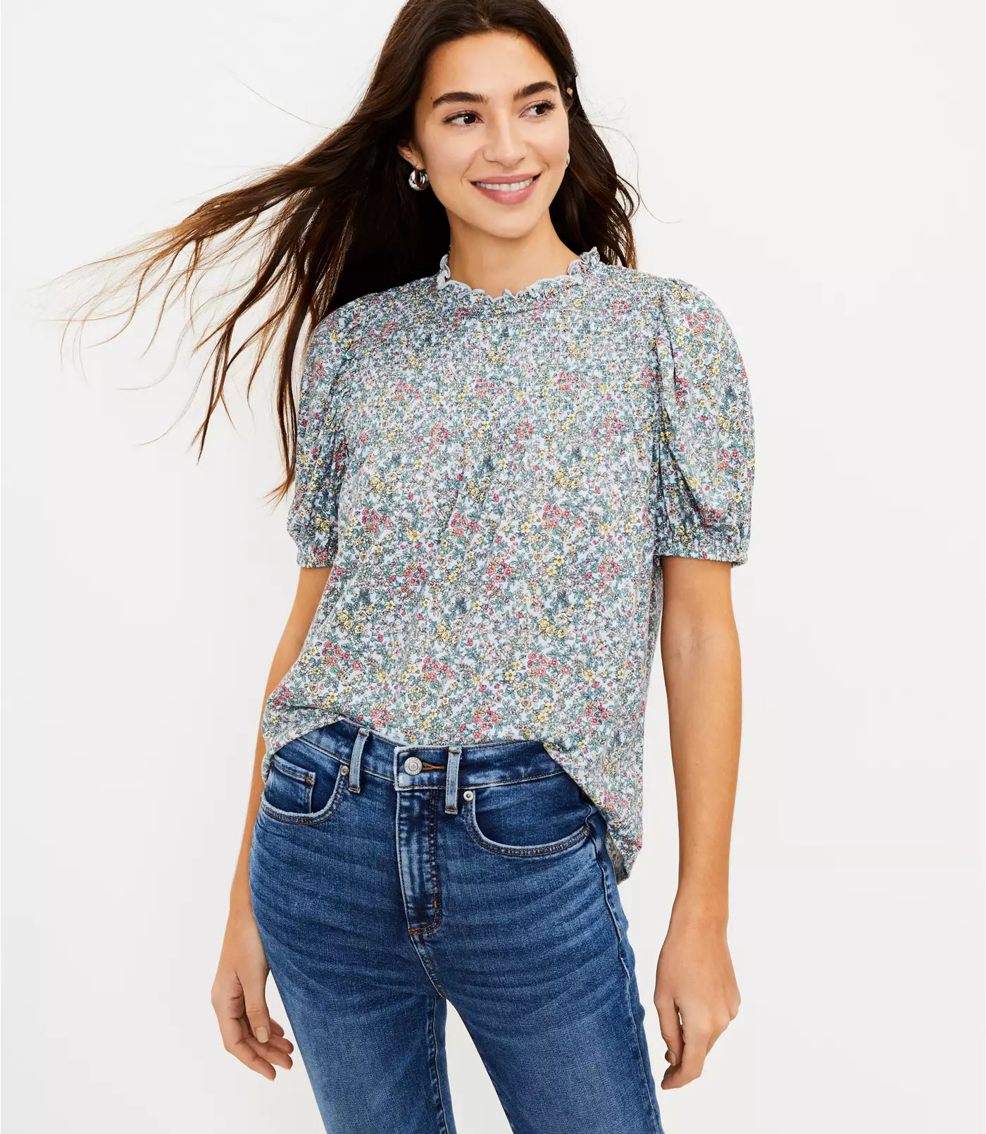 Garden Smocked Ruffle Neck Top | LOFT