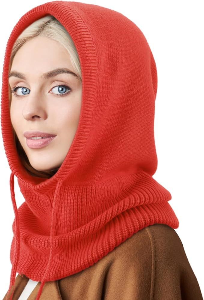 Hooded Scarf Hat Knit Balaclava Women Beanie Skull Cap with Drawstring Warm Winter Hats for Women... | Amazon (US)