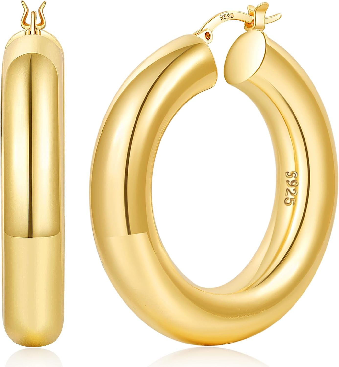 YOUNGYUE 8mm Chunky Hoops Hypoallergenic 925 Sterling Silver Post Gold Hoop Earrings Hollow Tube Lightweight 14K Gold Plated Thick Gold Hoops for women 30/40/50mm | Amazon (US)