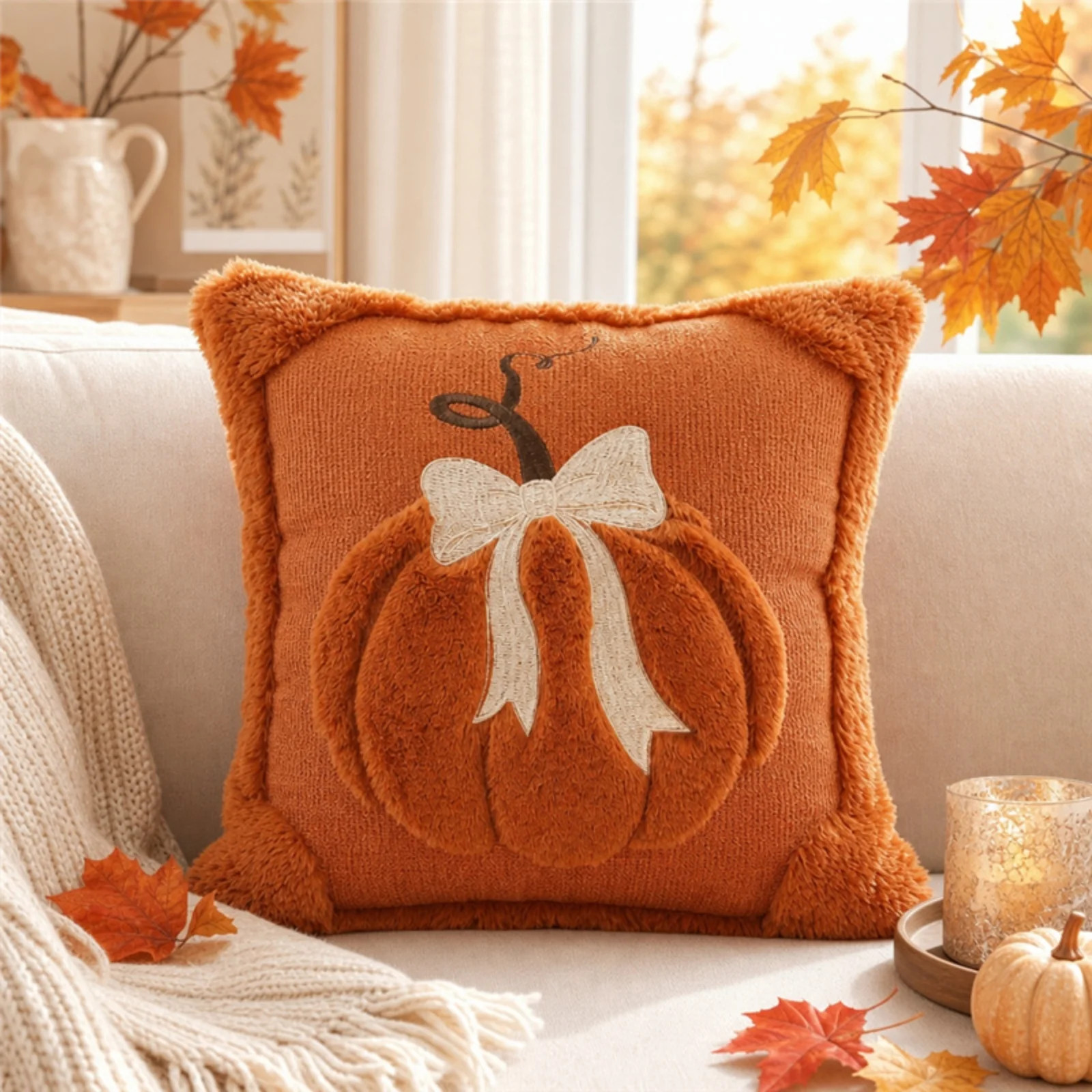 JUNBY Fall Pumpkin Throw Pillow with Orange Bow, Cozy Faux Fur Embroidered Knit Decorative Pillow for Couch Sofa Bed Living Room Autumn Home Decor, 18x18 - Walmart.com | Walmart (US)
