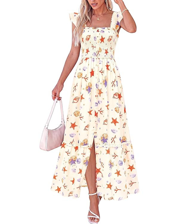 dowerme Womens Summer Maxi Dresses 2026 Casual Ruffle Sleeve Button Smocked Floral Slit Boho Dres... | Amazon (US)