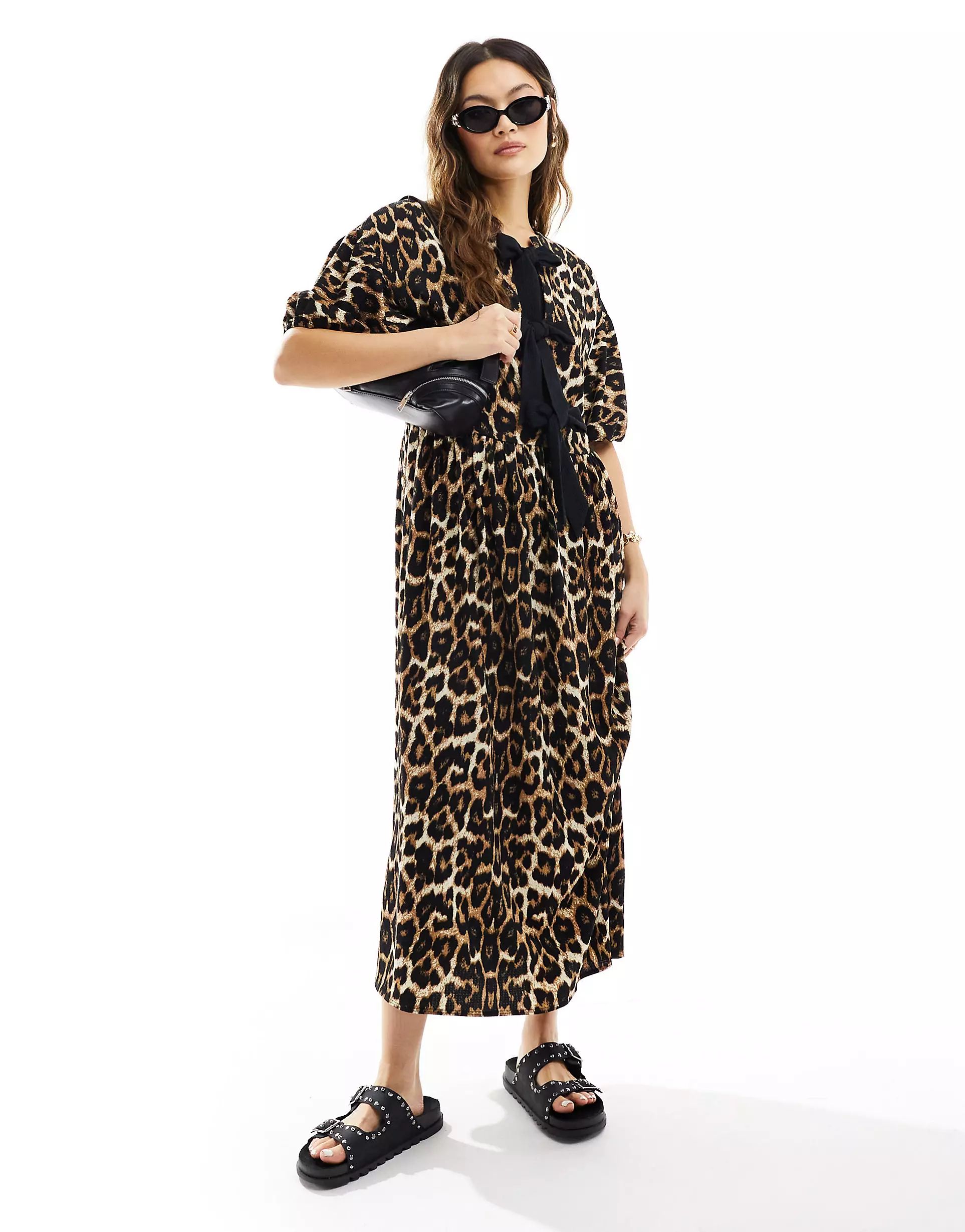 ASOS DESIGN puff sleeve tie front maxi dress in leopard print | ASOS | ASOS (Global)