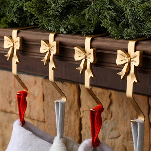 Shimeyao 4 Pcs Gold Bow Christmas Stocking Holder Brass Stocking Hangers Xmas Bow Decoration for Fireplace Shelf Staircases Party Decoration Christmas Mantel Decor | Amazon (US)