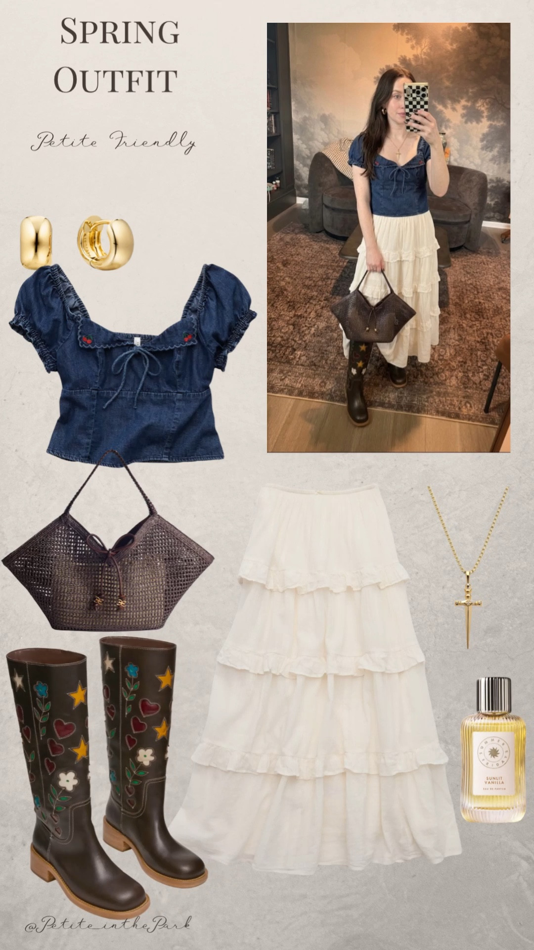 Spring petite outfit  

Spring outfit, spring trends, casual spring outfit, petite spring outfit, spring fashion, spring style, petite style, petite spring style, casual petite outfit,  denim top, crop top, high waisted skirt , white skirt, lace skirt , boots, leather boots, Steve Madden boots,   shoulder bag, rattan bag, brown bag, brown purse, gold earrings, gold hoop earrings, gold necklace, minimal jewelry  #casualoutfit #petiteoutifts #springoutfits #springoutfit2026 #springtrends  
#sponsored @Steve Madden US 

#LTKFestival #LTKSeasonal #LTKPetite