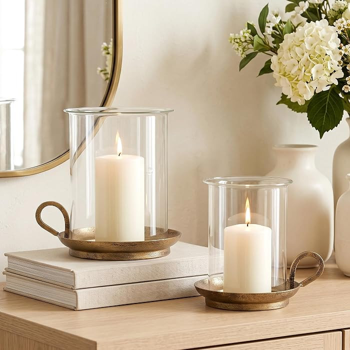 Pillar Candle Holder Set of 2, Vintage Hurricane Candle Holders | Amazon (US)