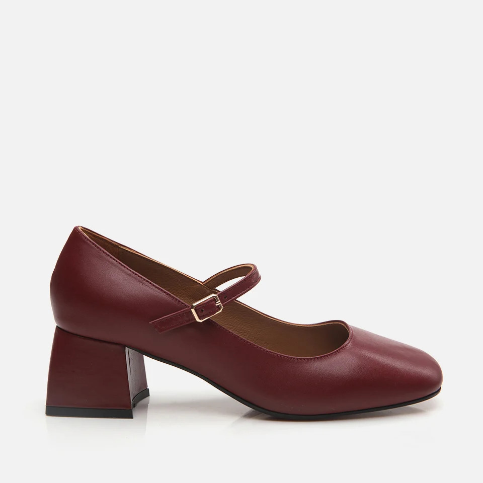 Women's Leather Mary Jane Block-Heel Shoes - Burgundy | Hotic UK