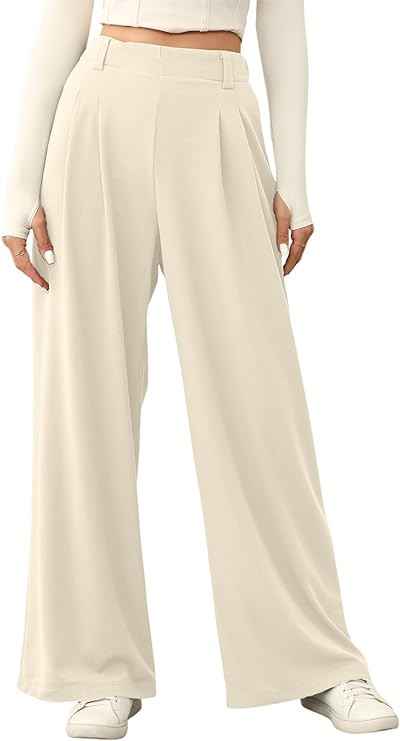 EVALESS Women's Wide Leg Pants Elastic High Waisted Waffle Knit Casual Palazzo Pants Trousers wit... | Amazon (US)
