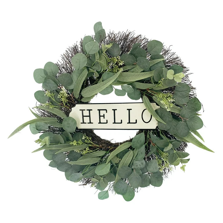 Way to Celebrate Spring 20" Mixed Eucalyptus Wreath with Hello Sign | Walmart (US)