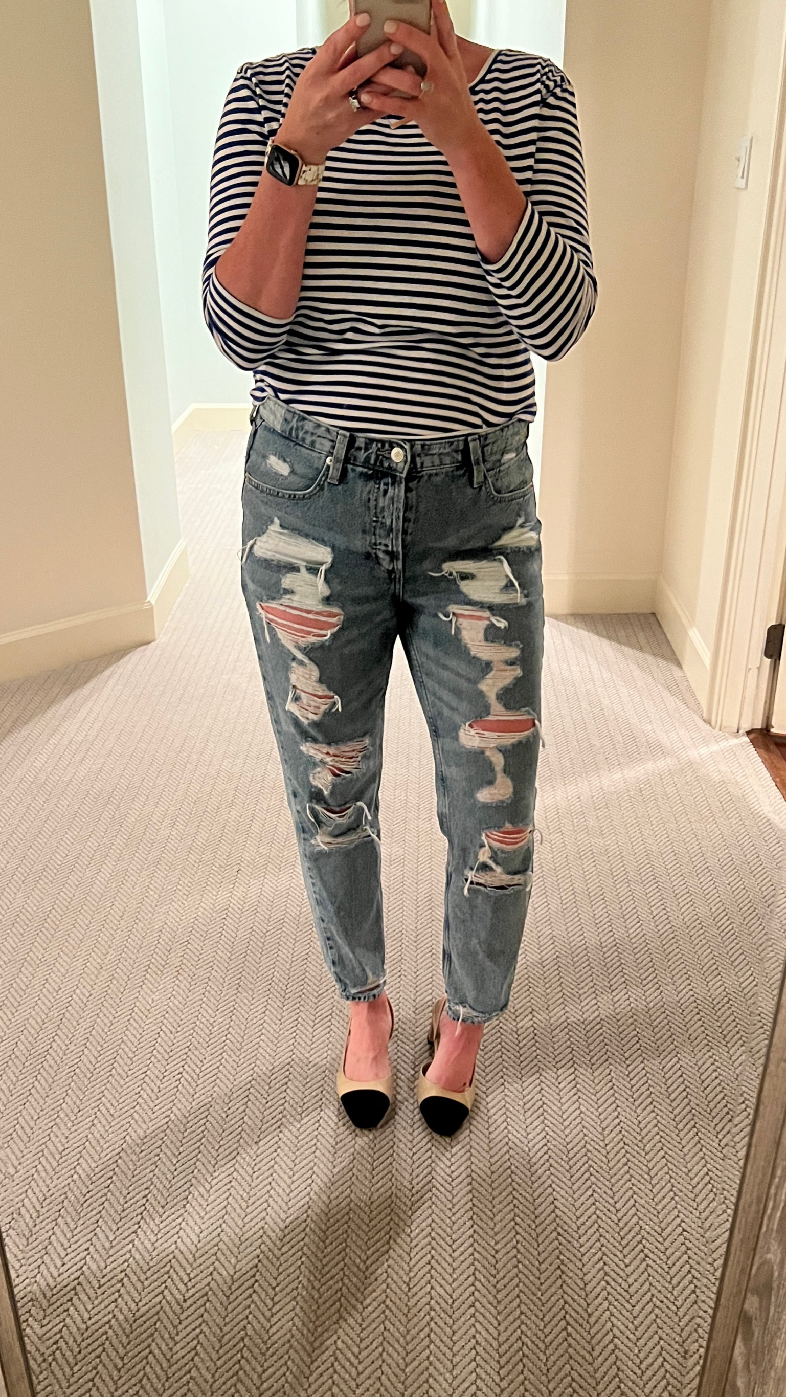 The best mid-rise jeans for girls with tummy. Curvy shape. Distressed jeans. Blue and white stripes classic Chanel dupes Slingback color block heels summer essentials 

#LTKcurves #LTKSeasonal #LTKunder100