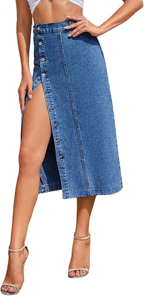 Women's Casual Split Denim Midi Jean Skirt Stretch High Waisted Button Up with Side Slit | Amazon (US)