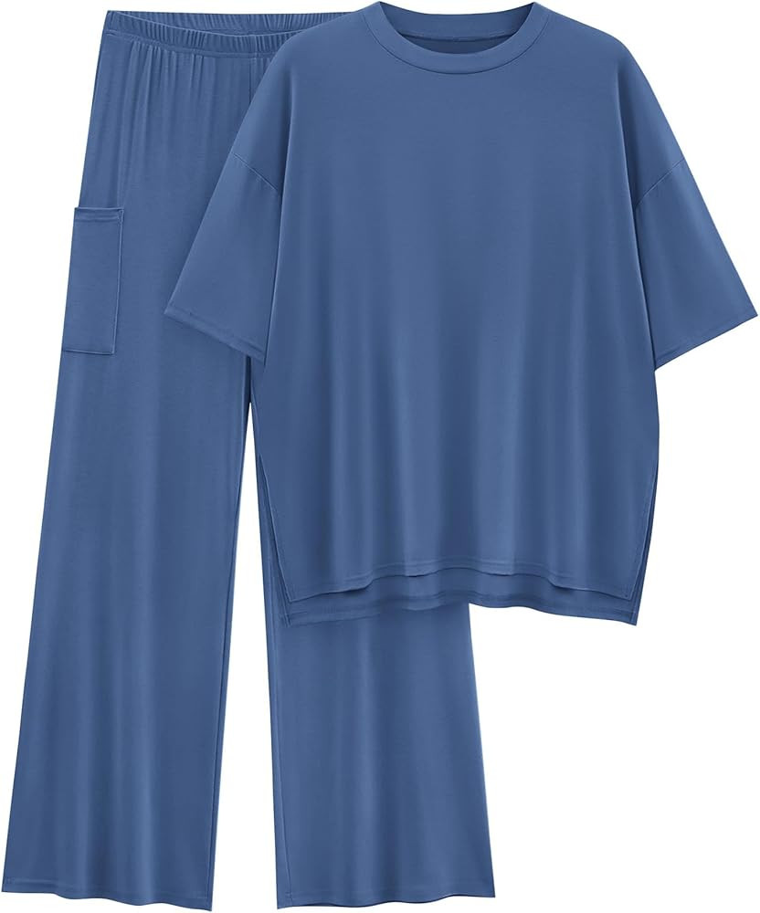 KIRUNDO Womens 2 Piece Outfits 2026 Summer Casual Loose Short Sleeve Pullover Tops & Wide Leg Pan... | Amazon (US)