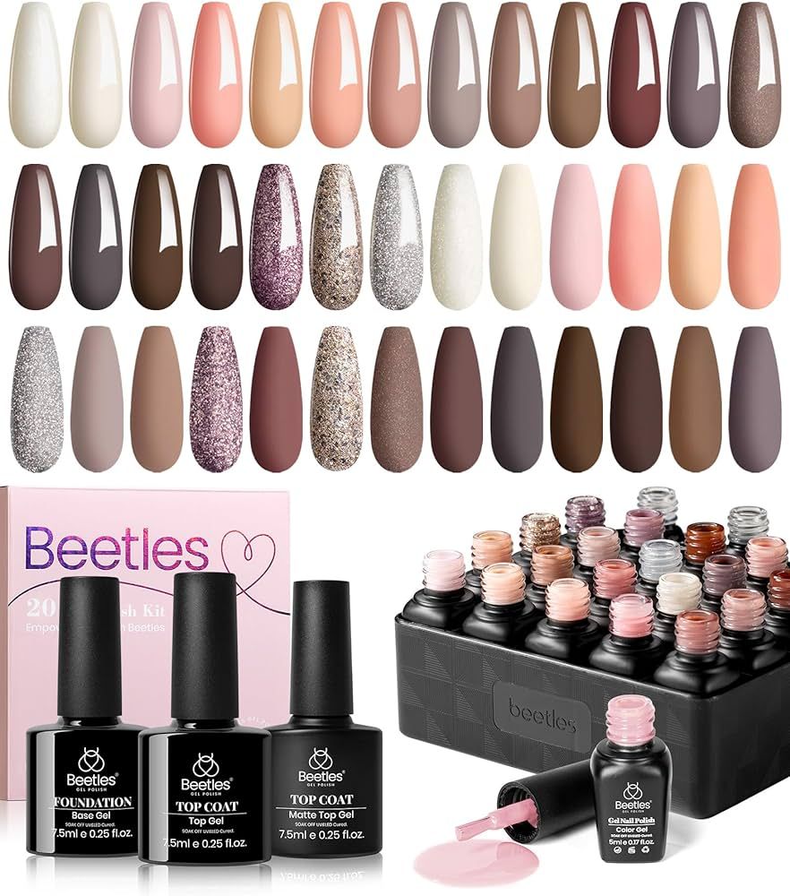Beetles 20 Colors Gel Nail Polish Kit, 23 Pcs Nude Pink Pastel Gel Polish Set Glitter Peach Brown... | Amazon (US)