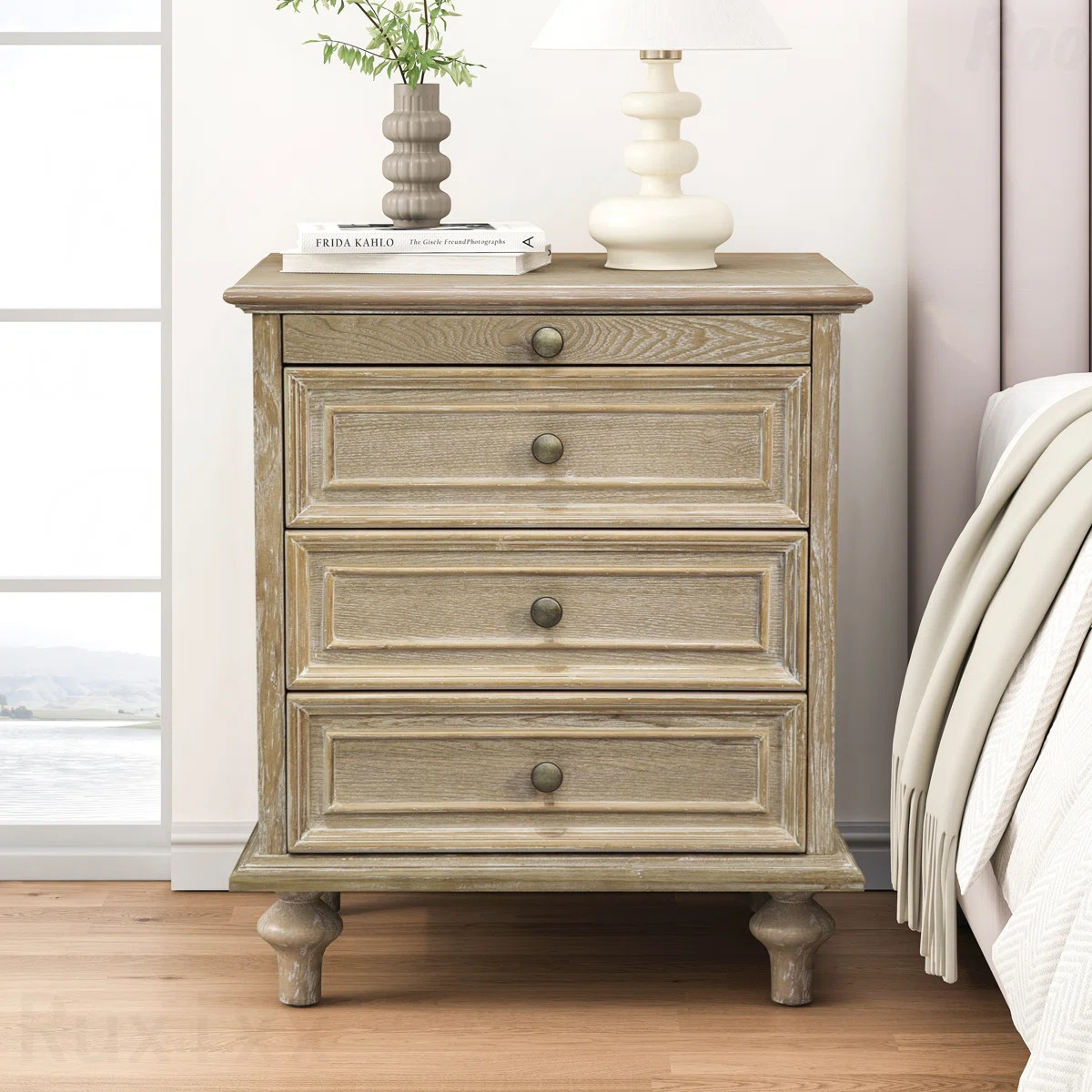 Natural Farmhouse 4-Drawer Nightstand, Wood Storage End Table with Hidden Pull-Out Shelf | Wayfair North America