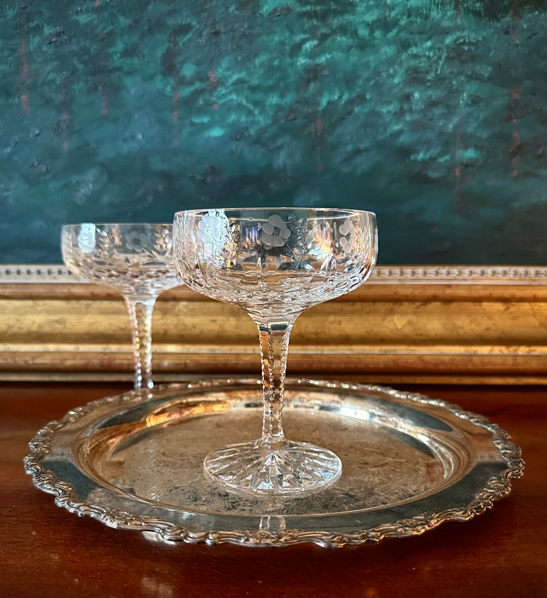 2 Champagne Coupes • Criss Cross, Leaves and Satin Cut Flowers on Panelled and Zipper Cut Stem ... | Etsy (US)