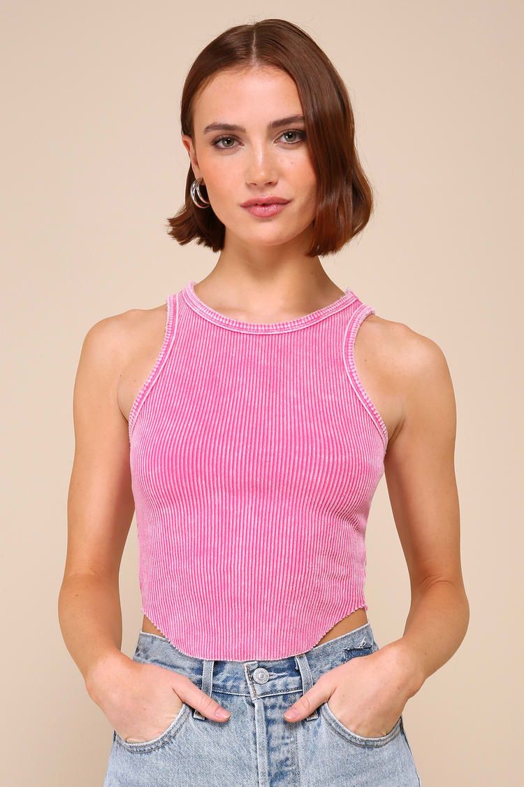 Cutest Mood Washed Pink Ribbed Knit Cropped Tank Top | Lulus