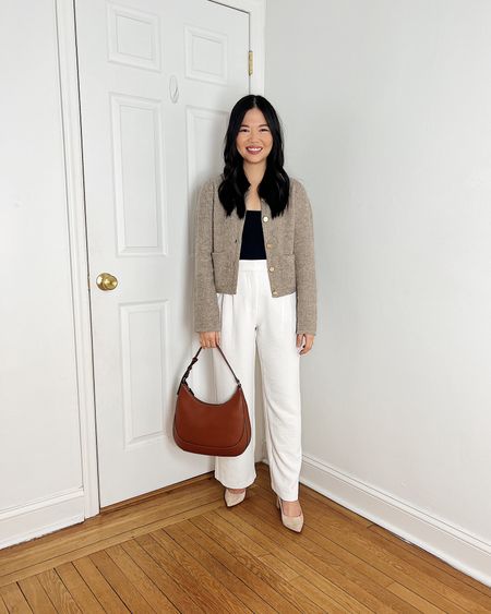 Beige cardigan (XS)
Black tank top  (XS)
White pants  (28P)
Brown bag 
Brown Crescent bag 
Beige suede pumps 
Beige pumps 
Abercrombie outfit 
Neutral outfit 
Spring outfit 
Business casual outfit 
Smart casual outfit 
Teacher outfit

#LTKworkwear #LTKfindsunder100 #LTKSeasonal