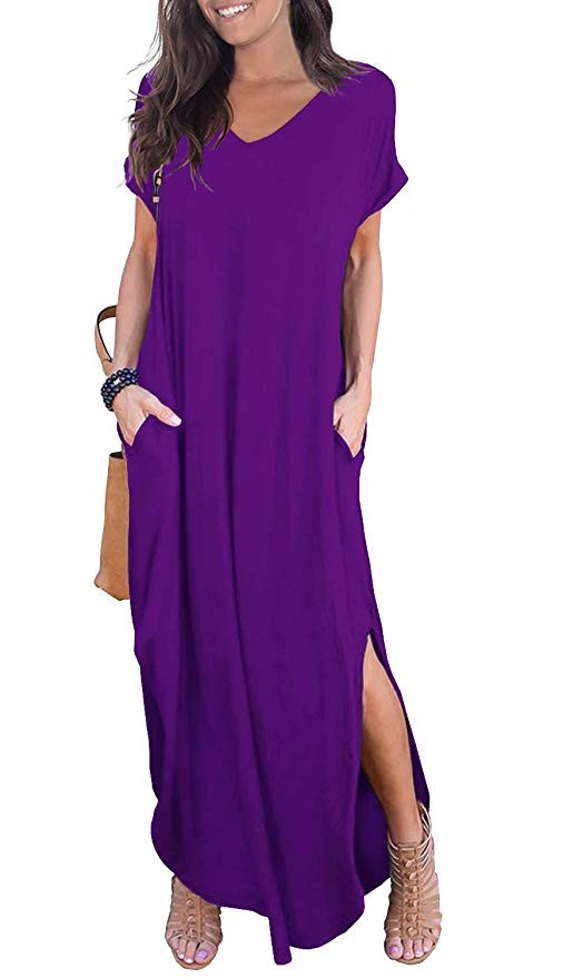 GRECERELLE Women's Casual Loose Pocket Long Dress Short Sleeve Split Maxi Dresses | Amazon (US)
