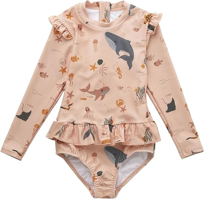 Girls One Piece Swimsuits Zipper Rash Guard Long Sleeve Bathing Suit with Ruffle Hem UPF50+ | Amazon (US)