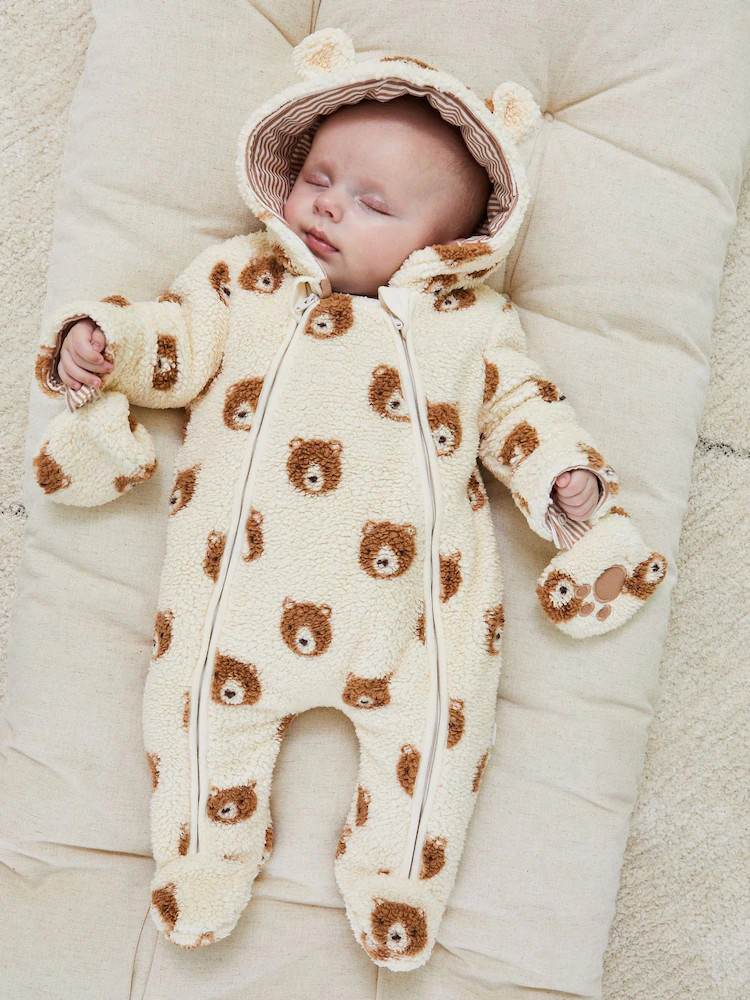 JoJo Maman Bébé Cream Bear Print Cosy Pramsuit | Next US