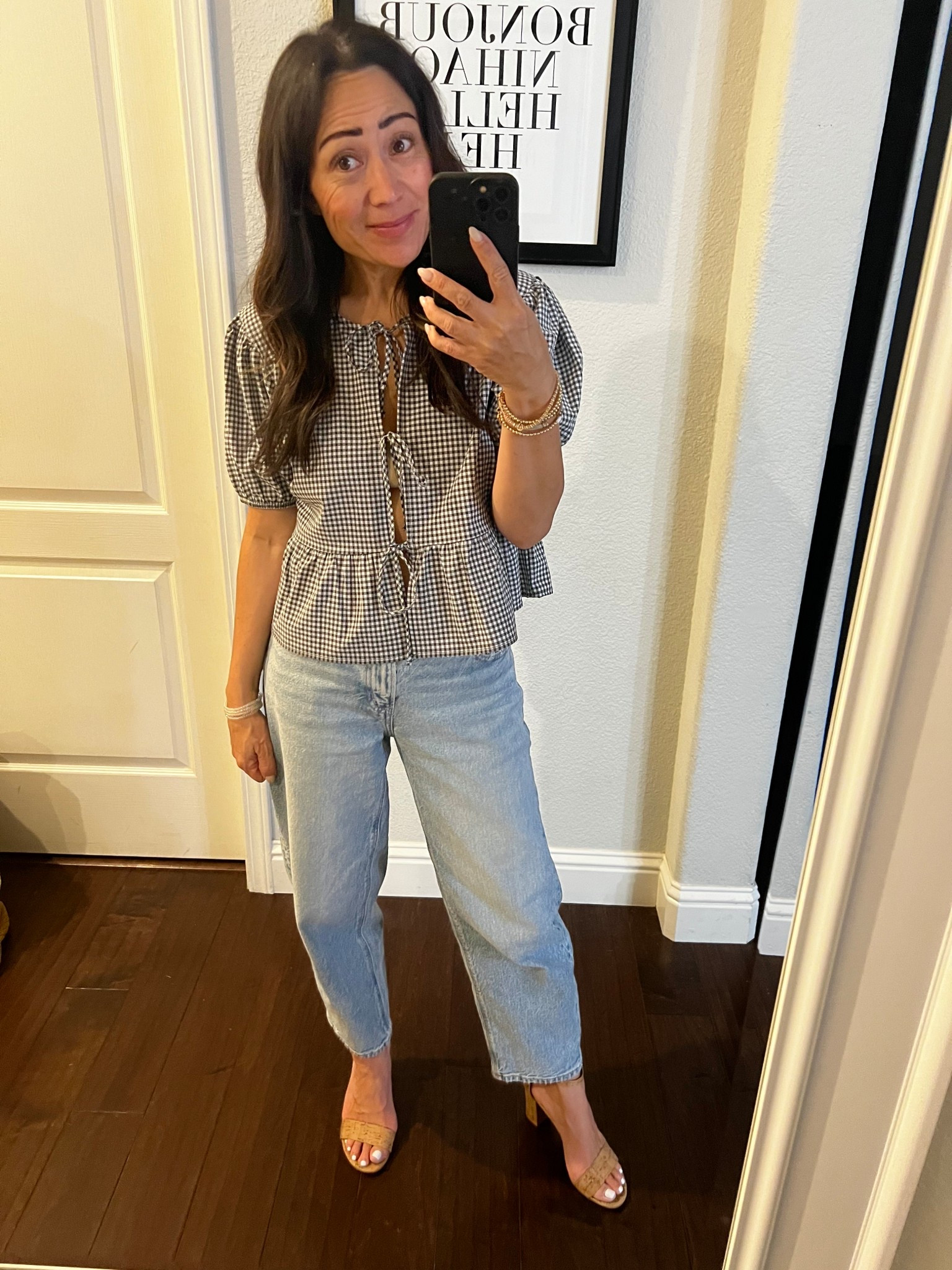 Petite OOTD. Target gingham puff sleeve top (size small), AE stretch barrel jeans (size 000 short). 

#LTKFindsUnder100 #LTKPetite #LTKSaleAlert