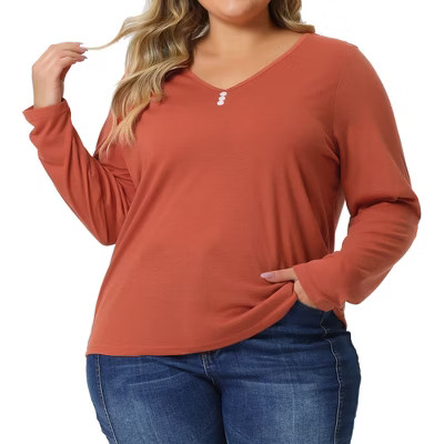 Agnes Orinda Women's Plus Size Long Sleeve V Neck Button Front Casual T-shirt Orange 3X | Target