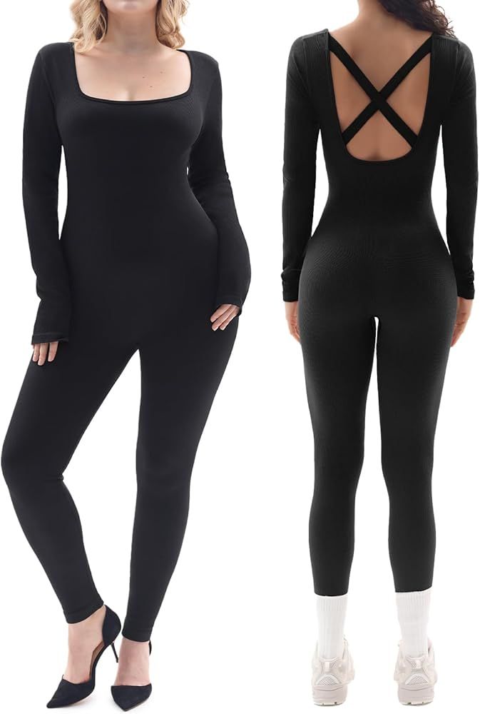 FITTIN Women Long Sleeve Jumpsuits: Ribbed Square Neck Bodycon One Piece Jumpsuit for Casul Yoga ... | Amazon (US)