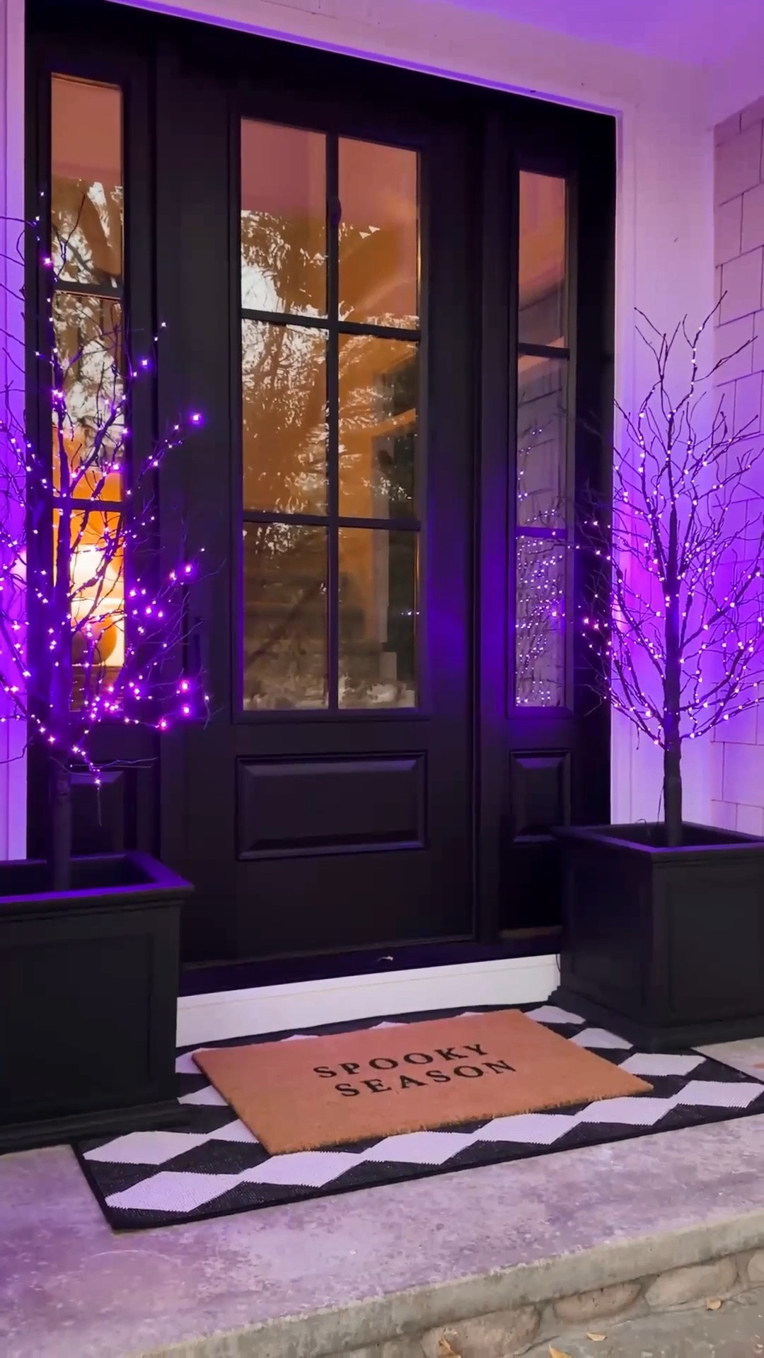 #ad Halloween front door Part 1 • We decided to add these Halloween trees to our front door this year and I’m so excited to decorate around them. They deserved a moment by themselves before they got covered by things because they truly are magical. You can choose from either purple or orange lights on the trees. @Wayfair #wayfair #wayfairpartner