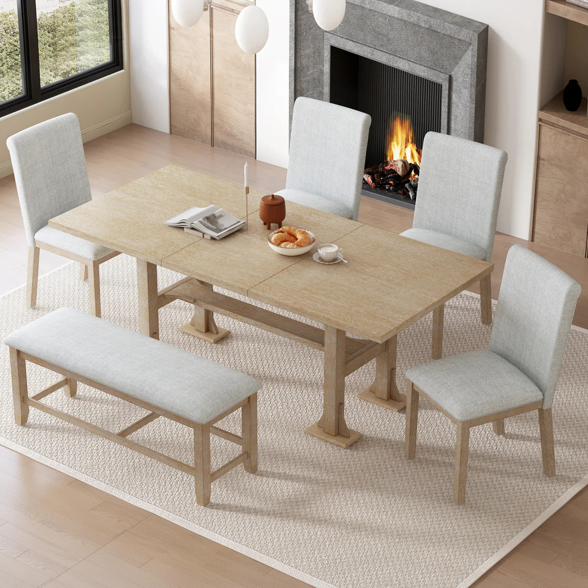 Streamdale 76'' 6-Piece Extendable Farmhouse Dining Set with Bench Natural/Light Gray | Shop Simon