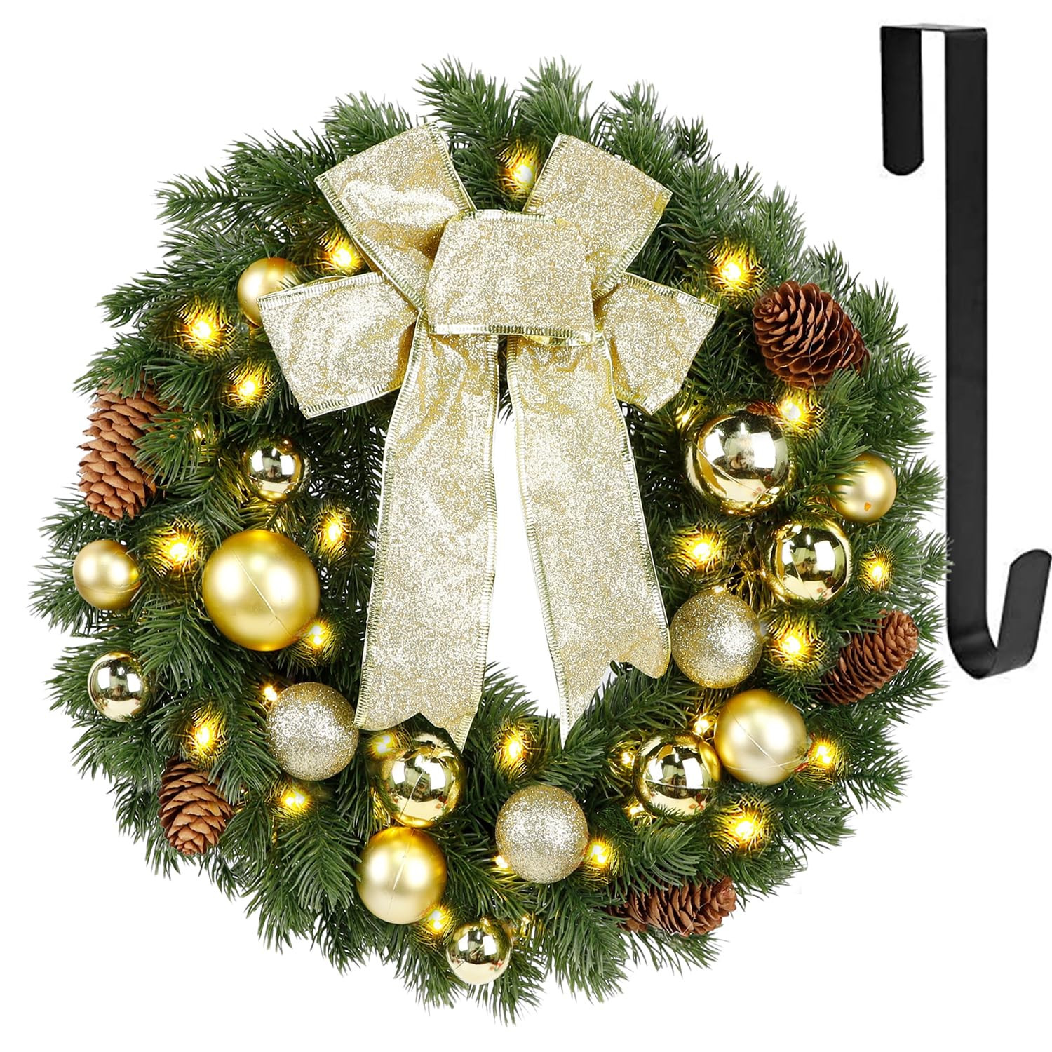 Hausse Lighted Christmas Wreath with Metal Hanger, Pre-lit Xmas Wreath with Large Golden Bow & Balls, Battery Operated with 40 LEDs Lights, for Front Door Gate Wall Christmas Party Decorations | Amazon (US)