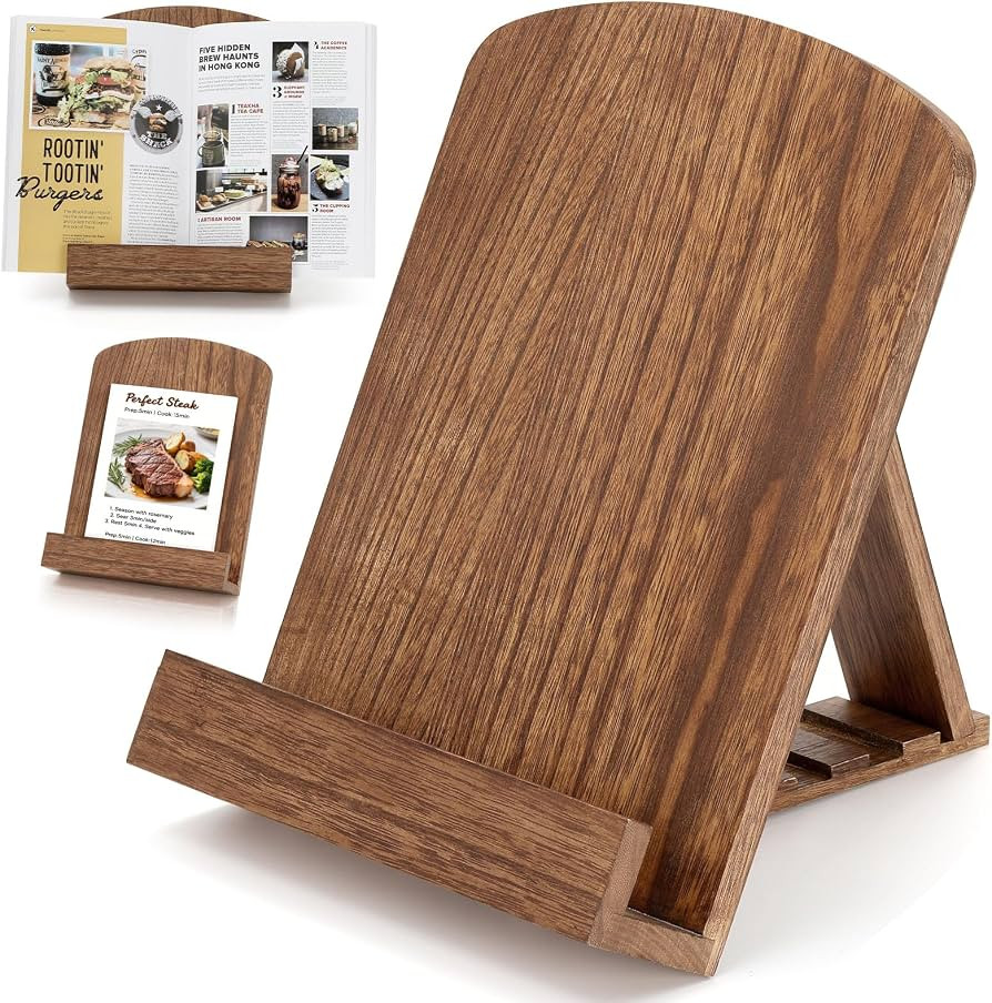 Cookbook Stand for Kitchen Counter, Solid Wood Recipe Book Holder Cook Book Stand with Adjustable... | Amazon (US)