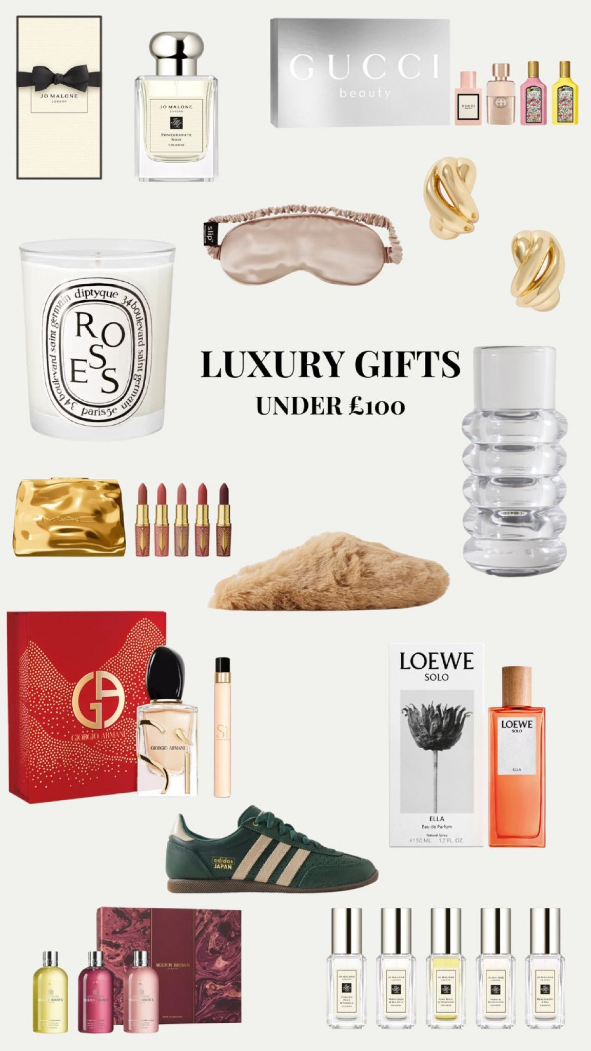 Luxury Gifts Under £100, Christmas Gifts, Silk Eye Mask, Jo Malone Cologne, Giorgio Armani Si Parfum, Lowew Solo Ell, Mac Lipstick Kit, Adidas Japan Sneakers, Gucci Fragrances, Roses Candle