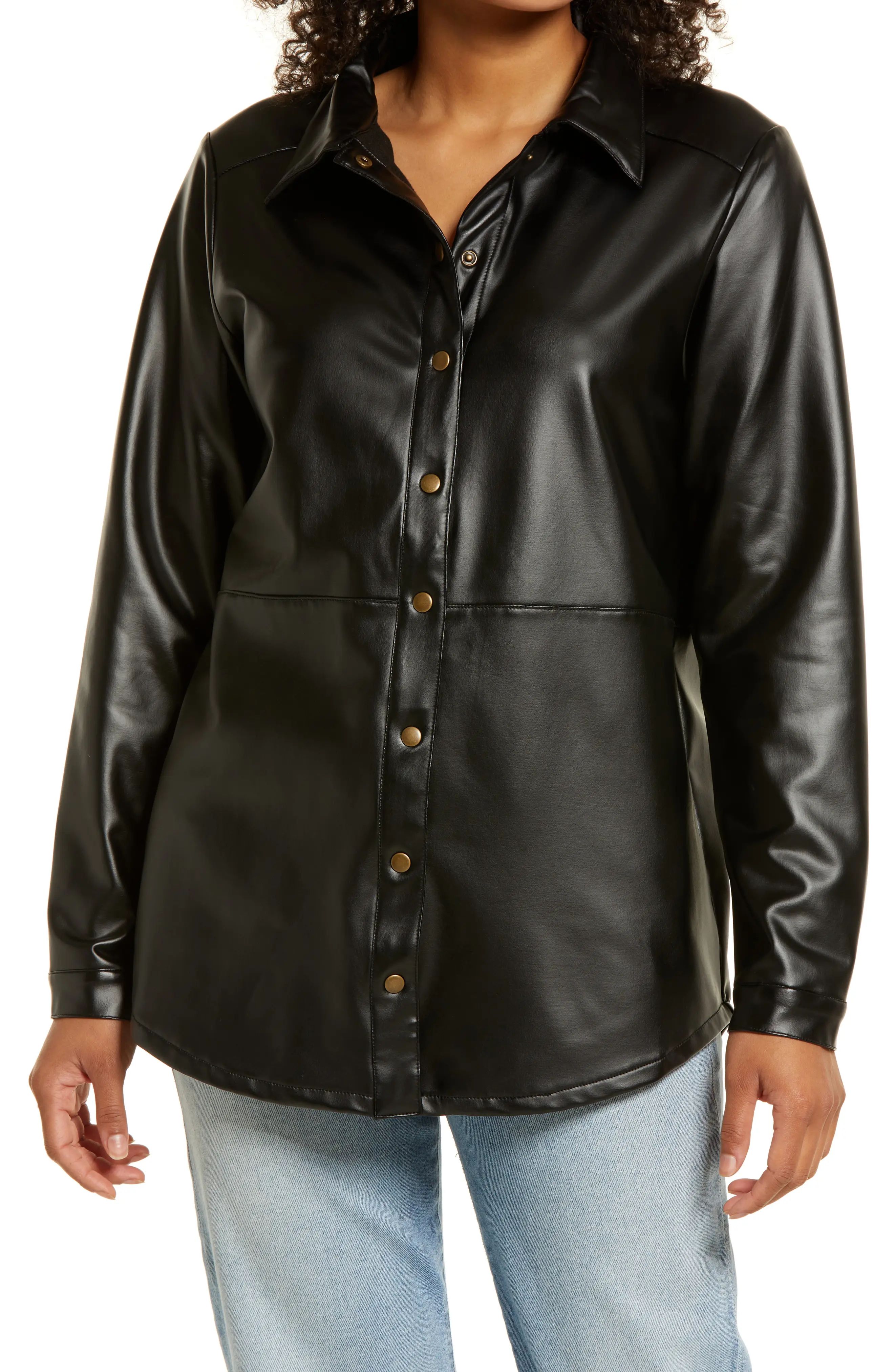 Bobeau Faux Leather Shirt in Black at Nordstrom, Size X-Small | Nordstrom