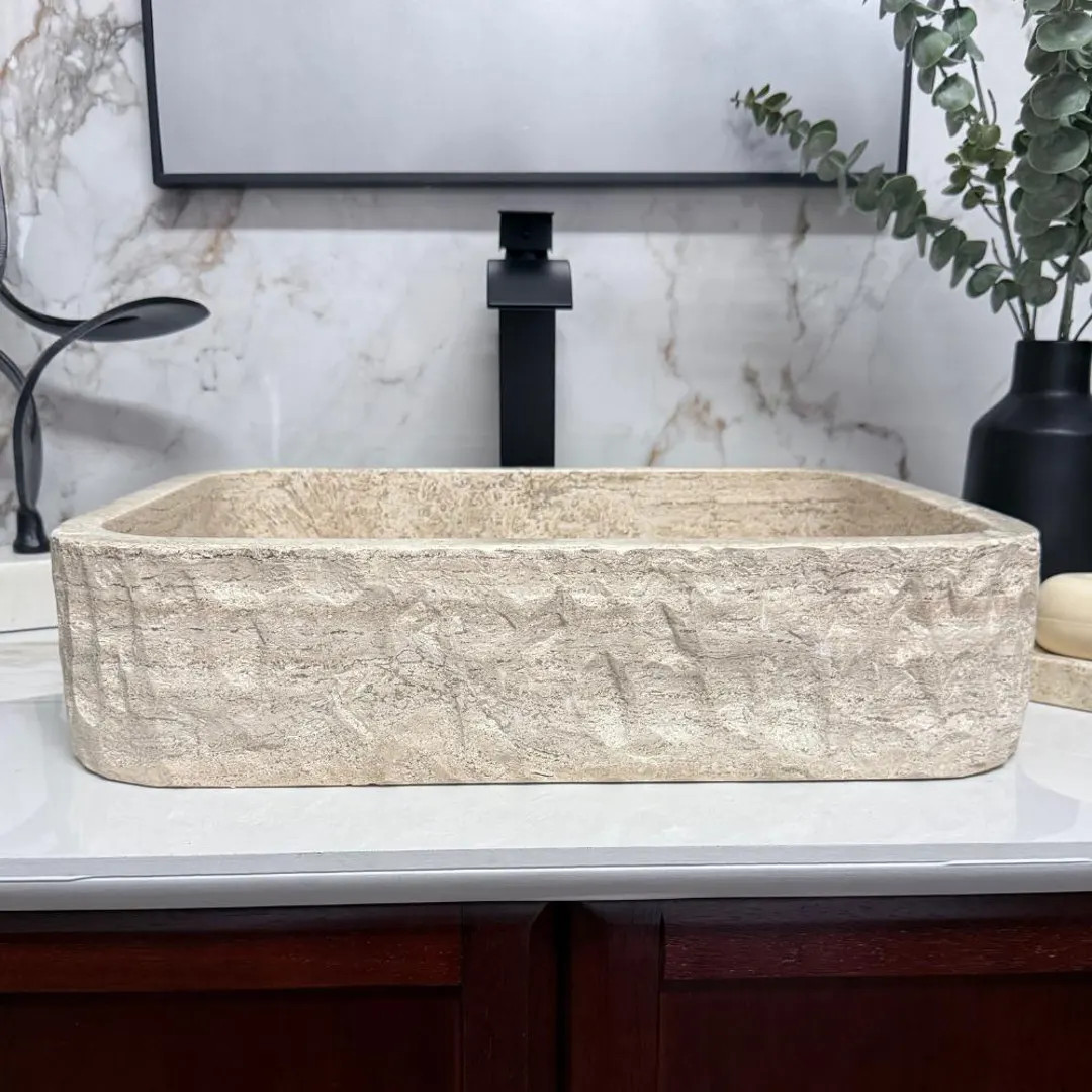 Rectangle Travertine Vessel Bathroom Sink – Handmade Natural Stone Marble Sink – Chiseled Tan... | Etsy (US)