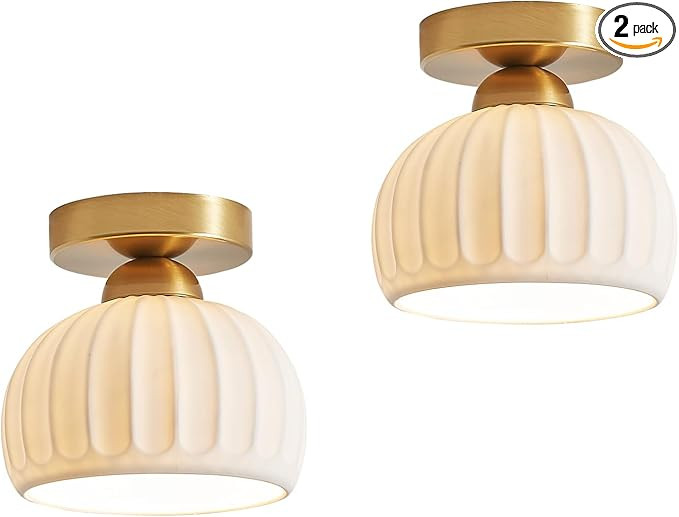 Ceramic Semi Flush Mount Ceiling Light Fixtures 2 Pack, Gold Hallway Ceiling Light Farmhouse Ligh... | Amazon (US)