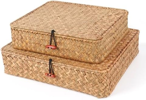 Flat Wicker Shelf Baskets with Lid, Seagrass Woven Basket Boxes for Storage Basket Bins Multipurp... | Amazon (US)