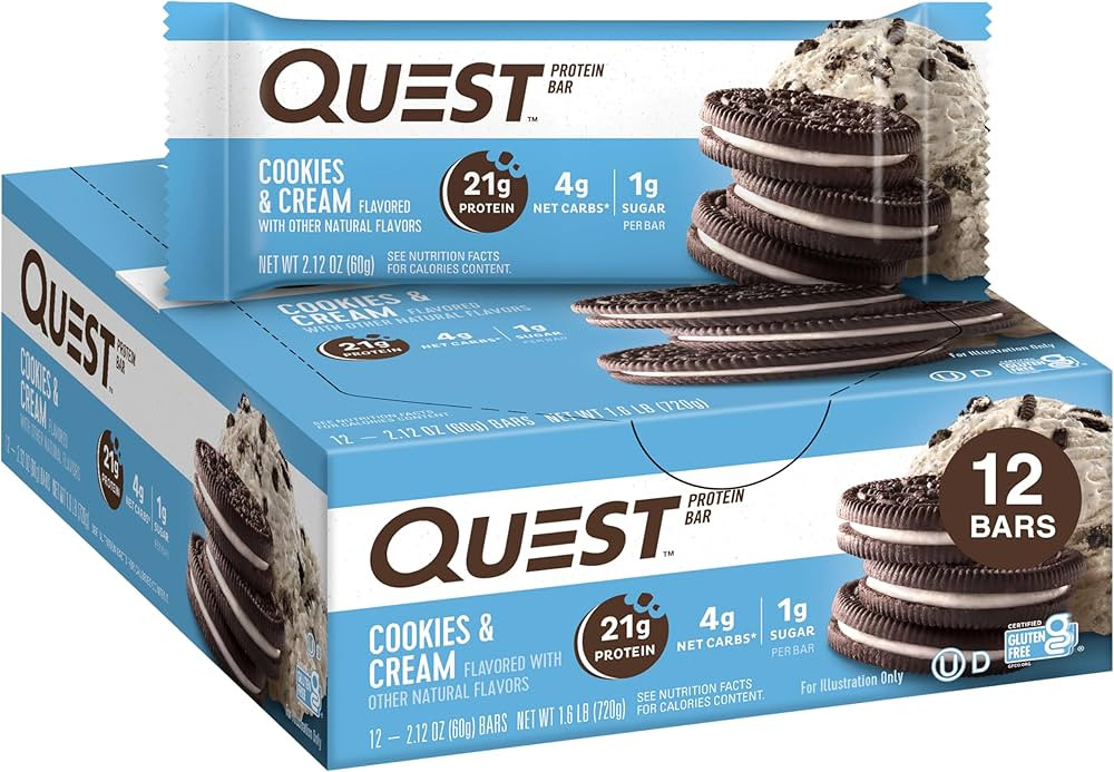 Quest Nutrition Cookies & Cream Protein Bars, 21g Protein, 1g Sugar, 4g Net Carb, Gluten Free, Ke... | Amazon (US)