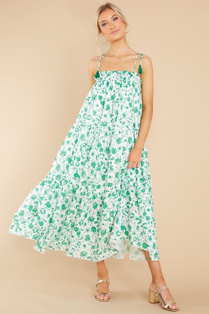 Feel The Breeze White And Green Floral Print Midi Dress- St Patty’s Day  | Red Dress 