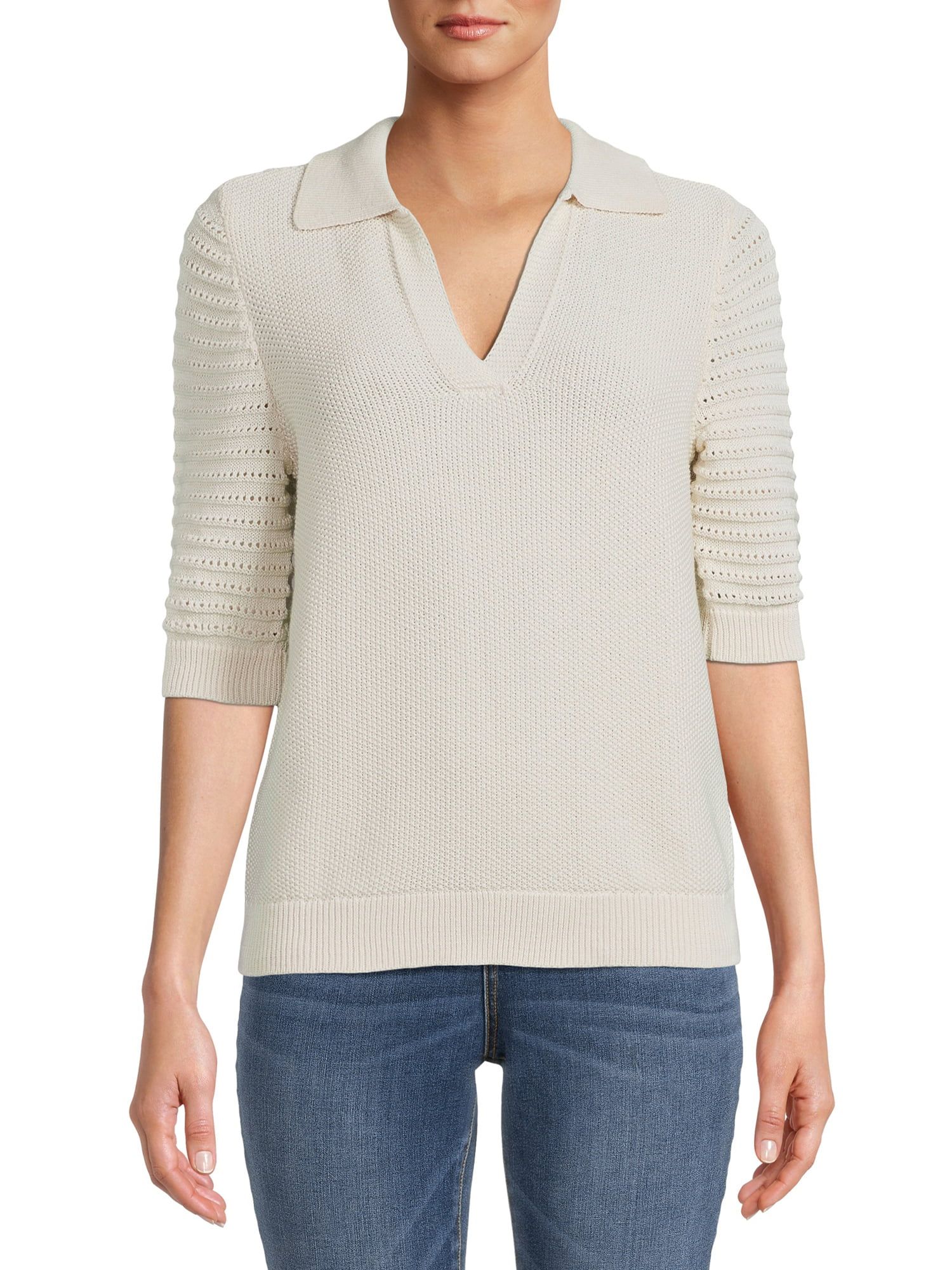 Time and Tru Women's Elbow Sleeve Polo Sweater, Midweight | Walmart (US)