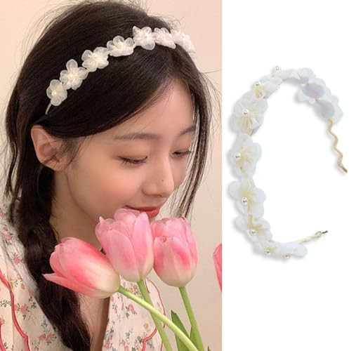 AIUPUOC French Floral Pearl Headband with White Flower Design for Girls - Pearl-Embellished Sprin... | Amazon (US)