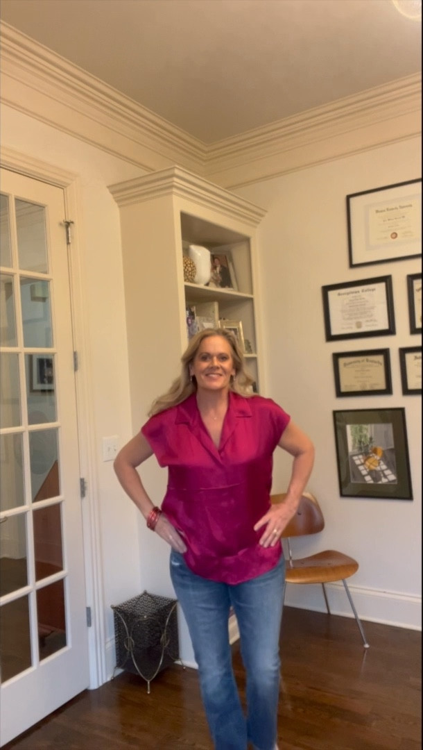 Fun fuchsia top with bangles and boot cut jeans! 
Fun night out for dinner with warmer weather heading our way!
So happy to be wearing these Dole Vita shoes again!
They give me some height without the pain of wearing heels all day! 

#LTKmidsize #LTKover40 #LTKshoecrush