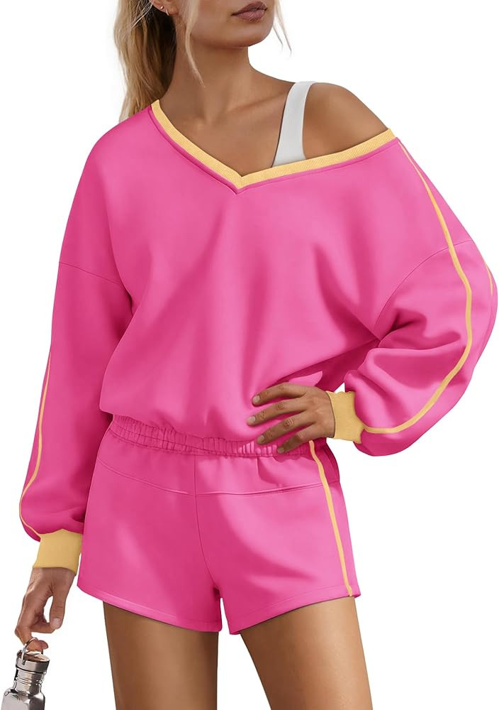 Womens Sweat Sets V Neck Sweatshirts High Waist Athletic Shorts Sets Oversized Sweatsuit Workout ... | Amazon (US)