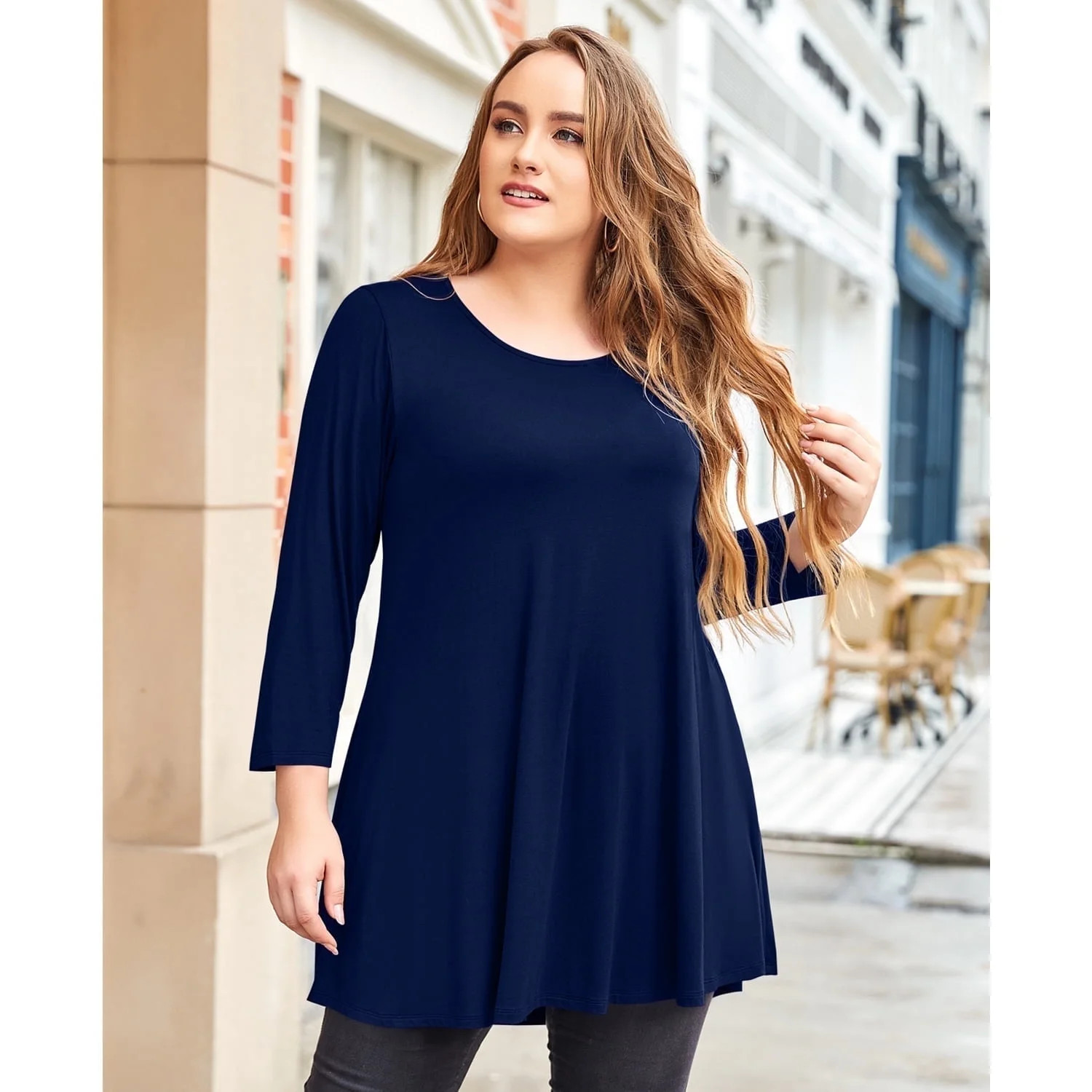 LARACE 3/4 Sleeve Shirts for Women Plus Size Tunic Dressy Top Loose Fit Flare T-Shirt Navy Blue 4... | Walmart (US)