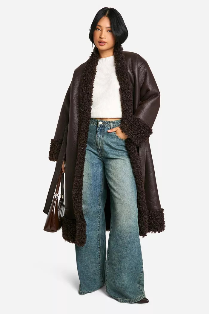 Petite Teddy Trim Belted Faux Leather Coat | boohoo (US & Canada)