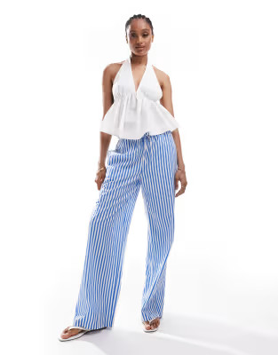 Vero Moda Tall double waistband detail wide leg trouser in blue stripe | ASOS | ASOS (Global)
