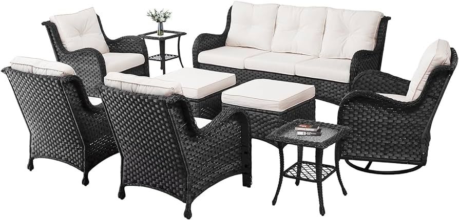 9 Pieces Outdoor Patio Furniture Set, Wicker Rattan Swivel Glider Rocker Single Chairs Patio Sofa... | Amazon (US)