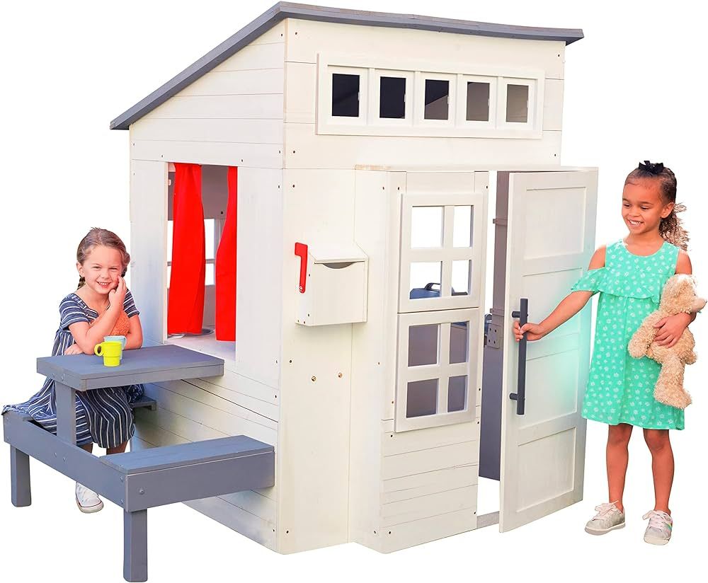 KidKraft Modern Outdoor Wooden Playhouse with Picnic Table, Mailbox and Outdoor Grill, White | Amazon (US)